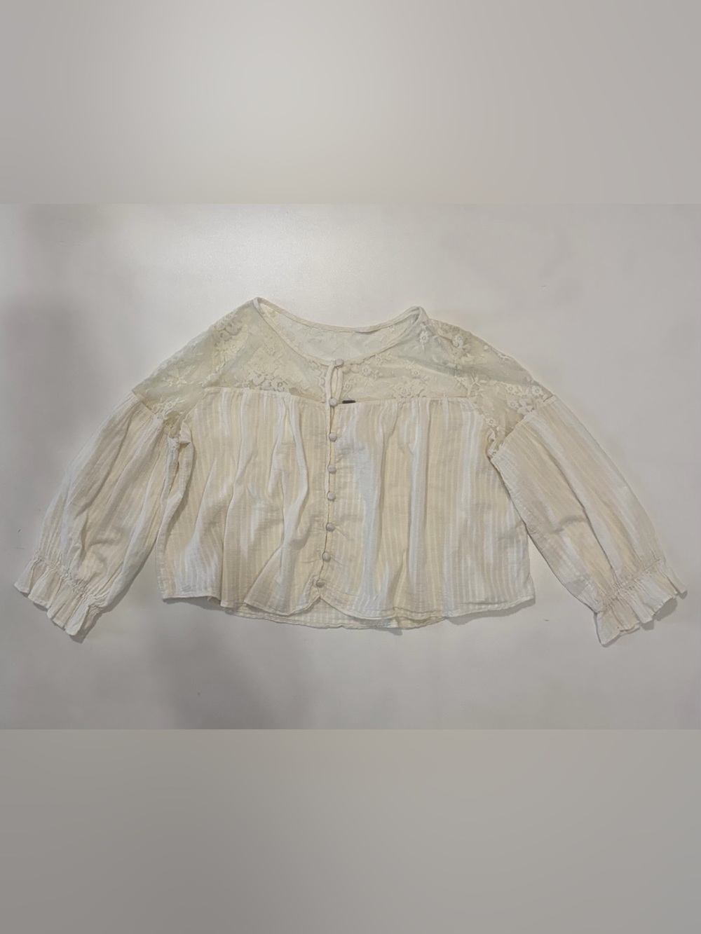 Free People Retro Top Striped Cream Lace Ruffle Button-Front Peasant Size Small
